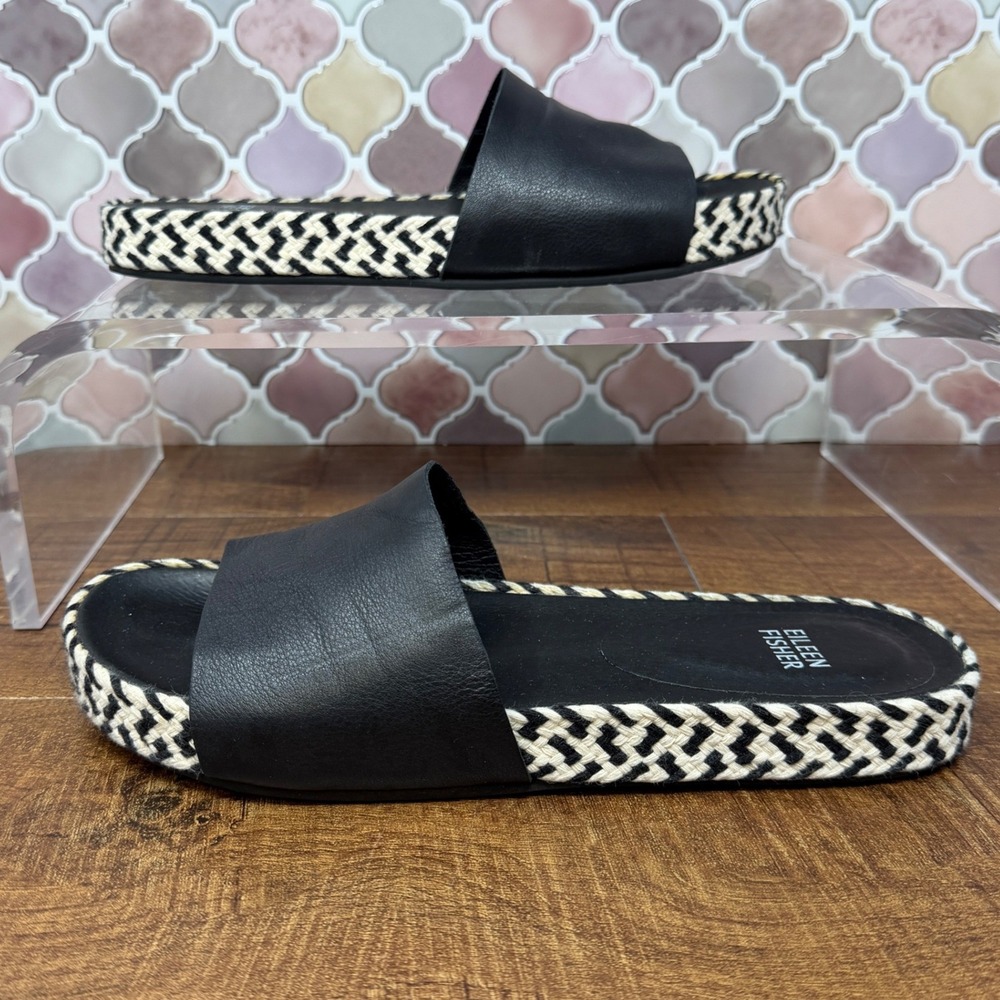 Eileen Fisher Pear Black Leather Chevron Woven Espadrille Slide Sandals 7 - Picture 4 of 15